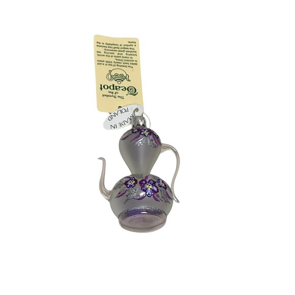 Hand Blown Glass Teapot Ornament Made in Poland – Purple Floral Christmas Orname - Picture 3 of 4